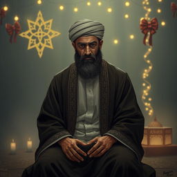 A somber depiction of Imam Al-Mahdi dressed in traditional Islamic attire, sitting alone in a tranquil setting adorned with festive New Year's decorations