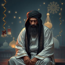 A somber depiction of Imam Al-Mahdi dressed in traditional Islamic attire, sitting alone in a tranquil setting adorned with festive New Year's decorations