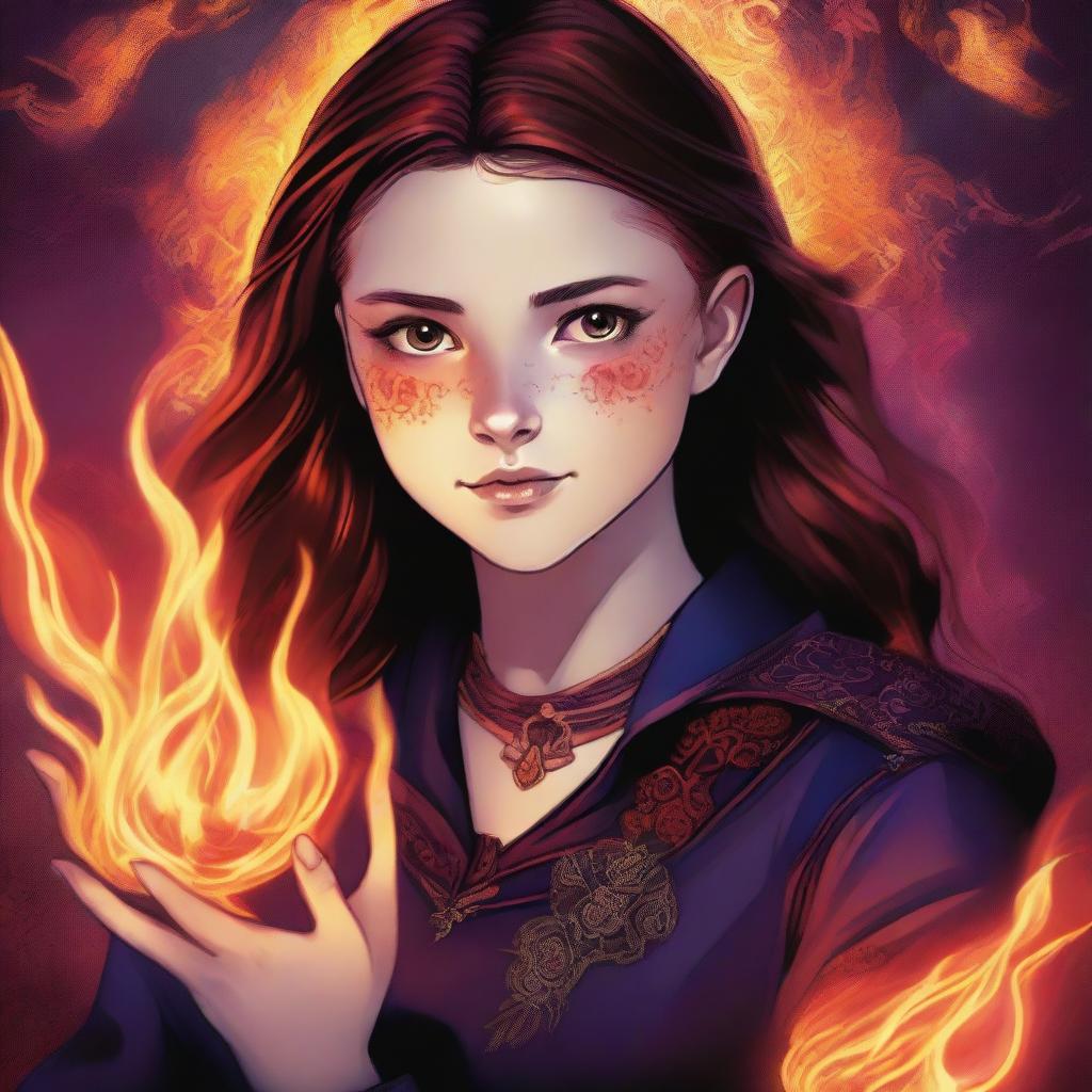 A high-quality digital art image depicts a 14-year-old supernatural girl, the daughter of Crowley