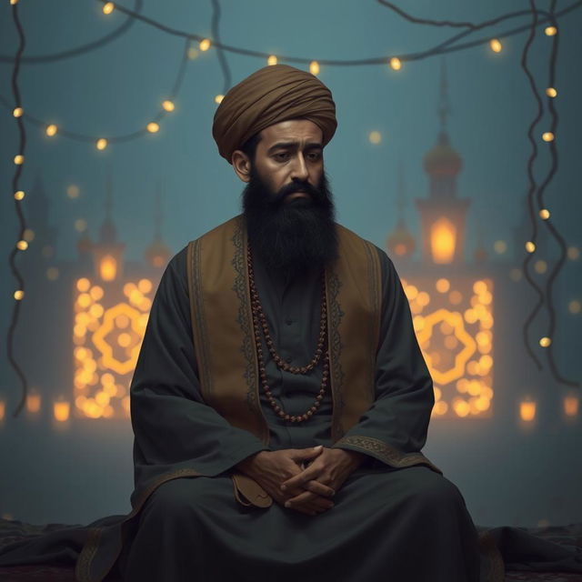 A somber depiction of Imam Al-Mahdi dressed in traditional Islamic attire, sitting alone in a tranquil setting adorned with festive New Year's decorations