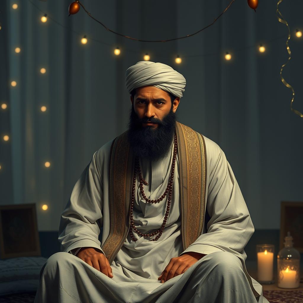 A somber depiction of Imam Al-Mahdi dressed in traditional Islamic attire, sitting alone in a tranquil setting adorned with festive New Year's decorations