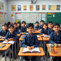 A vibrant school classroom scene featuring a Bangladeshi boy sitting at a desk with 10 girls and 3 male classmates