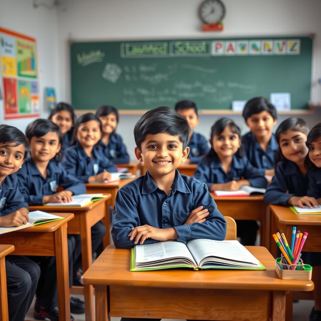 A vibrant school classroom scene featuring a Bangladeshi boy sitting at a desk with 10 girls and 3 male classmates
