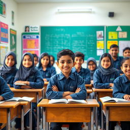 A vibrant school classroom scene featuring a Bangladeshi boy sitting at a desk with 10 girls and 3 male classmates