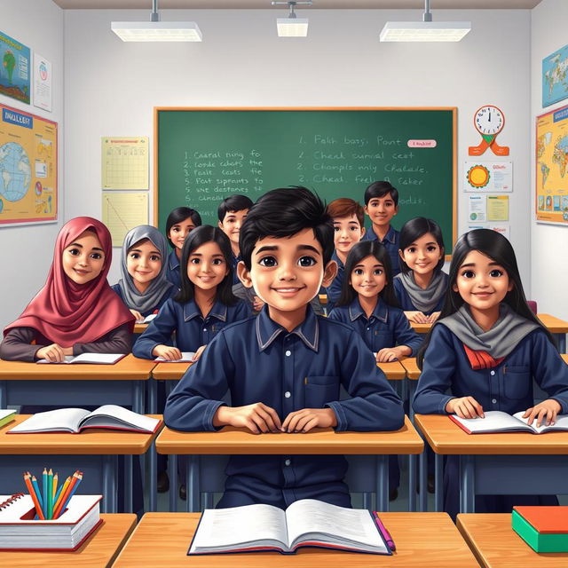 A vibrant school classroom scene featuring a Bangladeshi boy sitting at a desk with 10 girls and 3 male classmates