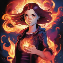 A high-quality digital art image depicts a 14-year-old supernatural girl, the daughter of Crowley