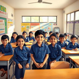 A classroom scene featuring a Bangladeshi boy surrounded by ten girls and three other boys