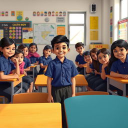 A classroom scene featuring a Bangladeshi boy surrounded by ten girls and three other boys