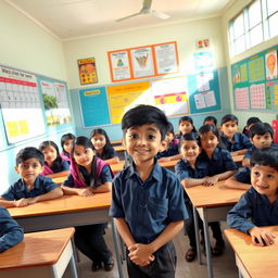 A classroom scene featuring a Bangladeshi boy surrounded by ten girls and three other boys