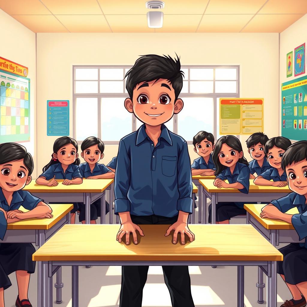 A classroom scene featuring a Bangladeshi boy surrounded by ten girls and three other boys