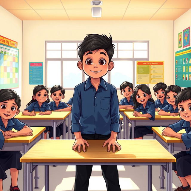 A classroom scene featuring a Bangladeshi boy surrounded by ten girls and three other boys
