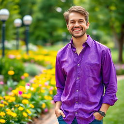 A person wearing a vibrant purple shirt with a stylish design, exuding confidence and joy