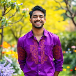 A person wearing a vibrant purple shirt with a stylish design, exuding confidence and joy