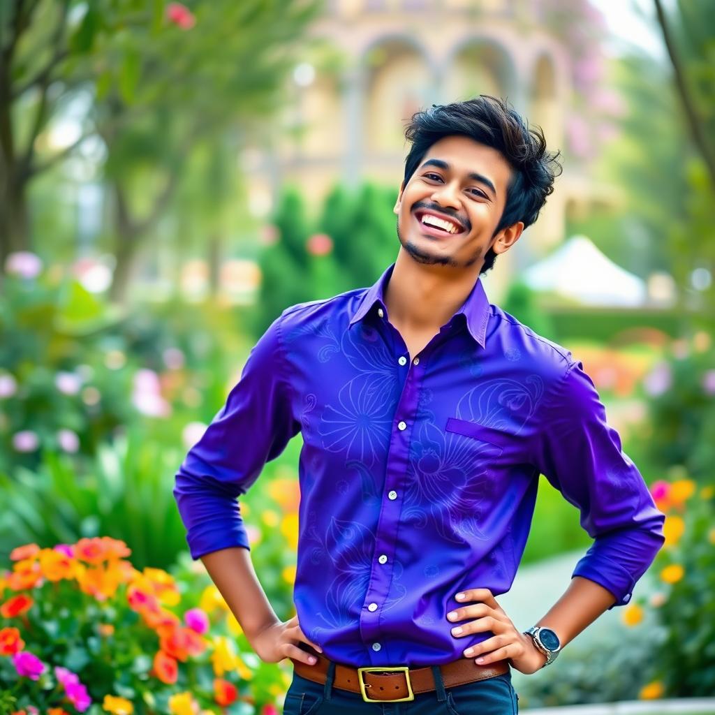 A person wearing a vibrant purple shirt with a stylish design, exuding confidence and joy