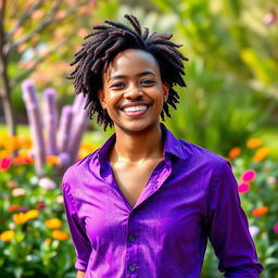 A person wearing a vibrant purple shirt with a stylish design, exuding confidence and joy