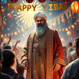 A powerful and inspirational depiction of Imam Al-Mahdi, portrayed in traditional Islamic attire, standing confidently amidst a vibrant New Year's celebration