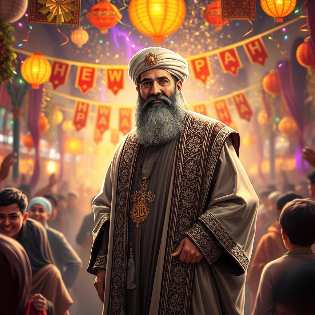 A powerful and inspirational depiction of Imam Al-Mahdi, portrayed in traditional Islamic attire, standing confidently amidst a vibrant New Year's celebration