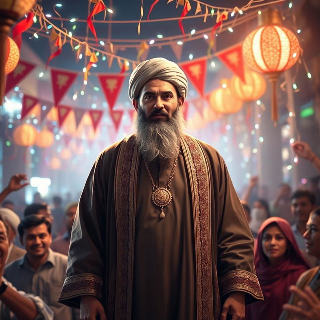 A powerful and inspirational depiction of Imam Al-Mahdi, portrayed in traditional Islamic attire, standing confidently amidst a vibrant New Year's celebration