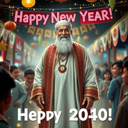 A powerful and inspirational depiction of Imam Al-Mahdi, portrayed in traditional Islamic attire, standing confidently amidst a vibrant New Year's celebration