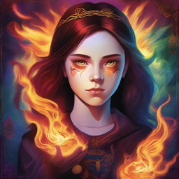 A high-quality digital art image depicts a 14-year-old supernatural girl, the daughter of Crowley