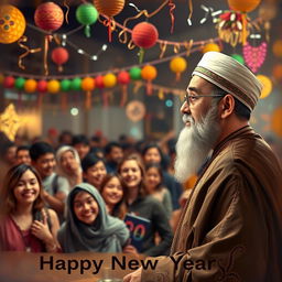 A respectful portrayal of Imam Al-Mahdi, dressed in traditional Islamic attire, gazing thoughtfully at a joyous crowd during a New Year's celebration