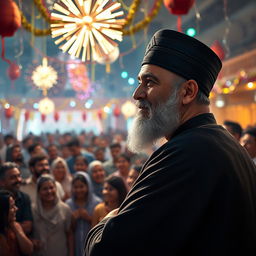 A respectful portrayal of Imam Al-Mahdi, dressed in traditional Islamic attire, gazing thoughtfully at a joyous crowd during a New Year's celebration