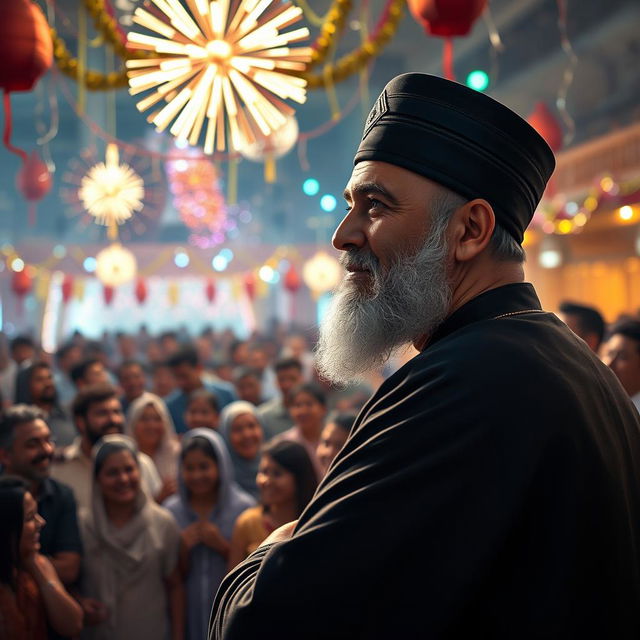 A respectful portrayal of Imam Al-Mahdi, dressed in traditional Islamic attire, gazing thoughtfully at a joyous crowd during a New Year's celebration