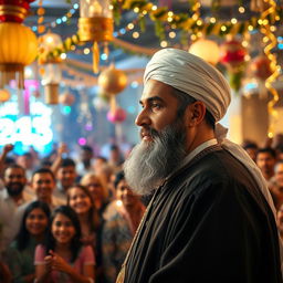 A respectful portrayal of Imam Al-Mahdi, dressed in traditional Islamic attire, gazing thoughtfully at a joyous crowd during a New Year's celebration