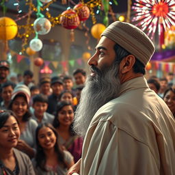 A respectful portrayal of Imam Al-Mahdi, dressed in traditional Islamic attire, gazing thoughtfully at a joyous crowd during a New Year's celebration