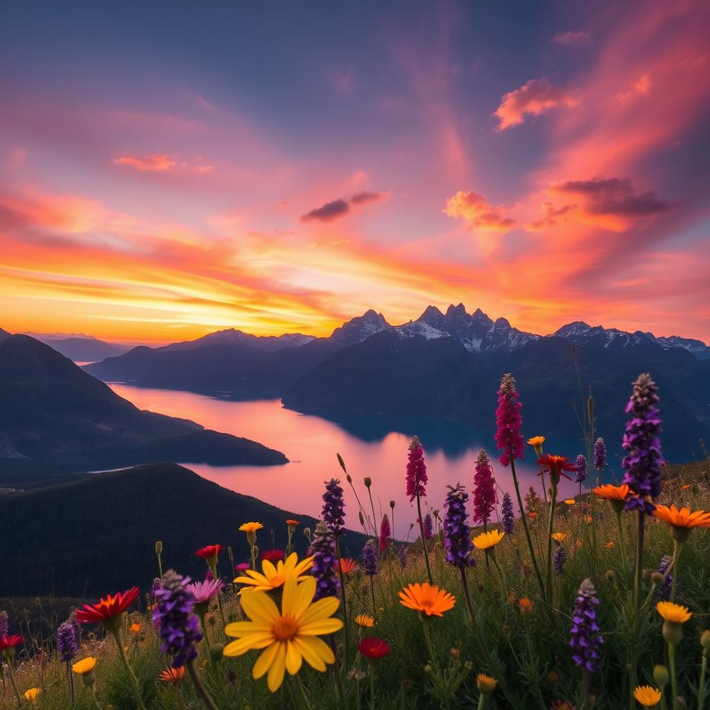 A serene landscape showcasing a beautiful mountain range during sunset