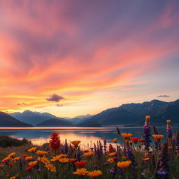 A serene landscape showcasing a beautiful mountain range during sunset
