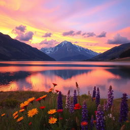 A serene landscape showcasing a beautiful mountain range during sunset