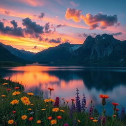 A serene landscape showcasing a beautiful mountain range during sunset