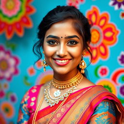 A portrait of a young Indian woman with a vibrant traditional outfit, wearing beautiful jewelry and a stunning smile, showcasing confidence and grace
