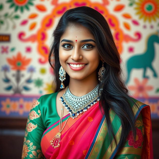 A portrait of a young Indian woman with a vibrant traditional outfit, wearing beautiful jewelry and a stunning smile, showcasing confidence and grace