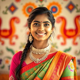 A portrait of a young Indian woman with a vibrant traditional outfit, wearing beautiful jewelry and a stunning smile, showcasing confidence and grace