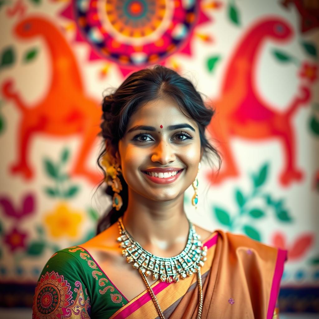 A portrait of a young Indian woman with a vibrant traditional outfit, wearing beautiful jewelry and a stunning smile, showcasing confidence and grace