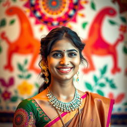 A portrait of a young Indian woman with a vibrant traditional outfit, wearing beautiful jewelry and a stunning smile, showcasing confidence and grace