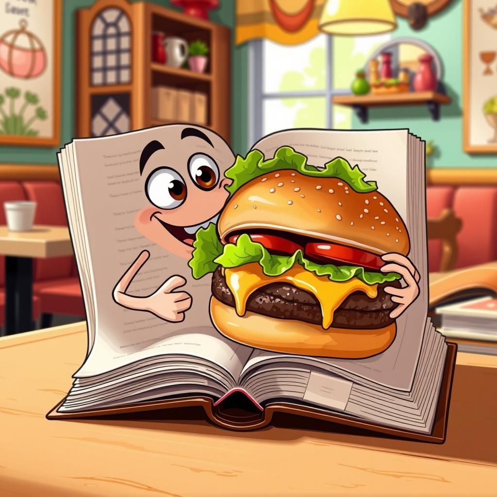 A whimsical scene depicting an illustrated book with its pages open, engaged in the act of eating a large, juicy hamburger