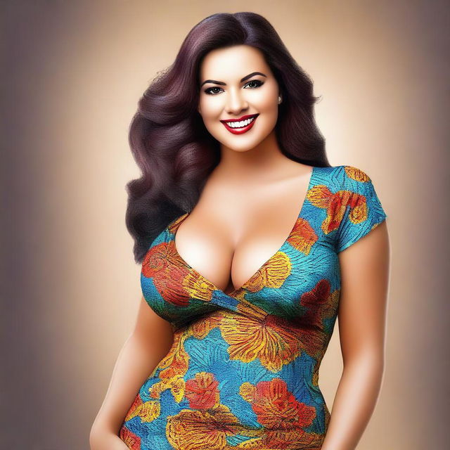 Generate a digital art image of an attractive woman with a voluptuous figure, dressed in a tasteful and stylish outfit