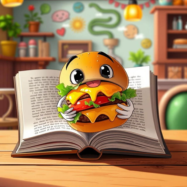 A whimsical scene depicting an illustrated book with its pages open, engaged in the act of eating a large, juicy hamburger