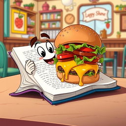 A whimsical scene depicting an illustrated book with its pages open, engaged in the act of eating a large, juicy hamburger