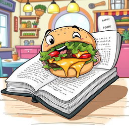A whimsical scene depicting an illustrated book with its pages open, engaged in the act of eating a large, juicy hamburger