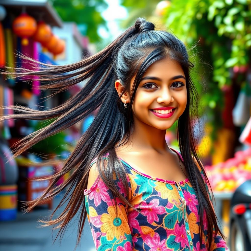 A vibrant and lively portrait of an Indian teenage girl, with long flowing hair tied in a playful ponytail