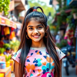 A vibrant and lively portrait of an Indian teenage girl, with long flowing hair tied in a playful ponytail