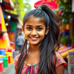 A vibrant and lively portrait of an Indian teenage girl, with long flowing hair tied in a playful ponytail