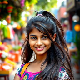 A vibrant and lively portrait of an Indian teenage girl, with long flowing hair tied in a playful ponytail