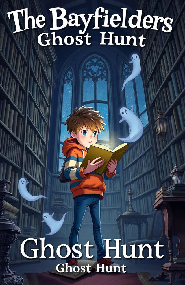 A captivating cover illustration for a children's book titled 'The Bayfielders: Ghost Hunt'