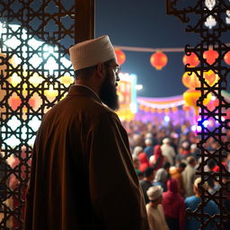 A contemplative image of Imam Al-Mahdi standing behind a traditional lattice screen (shabaj) as he gazes at a lively crowd celebrating the New Year's festivities