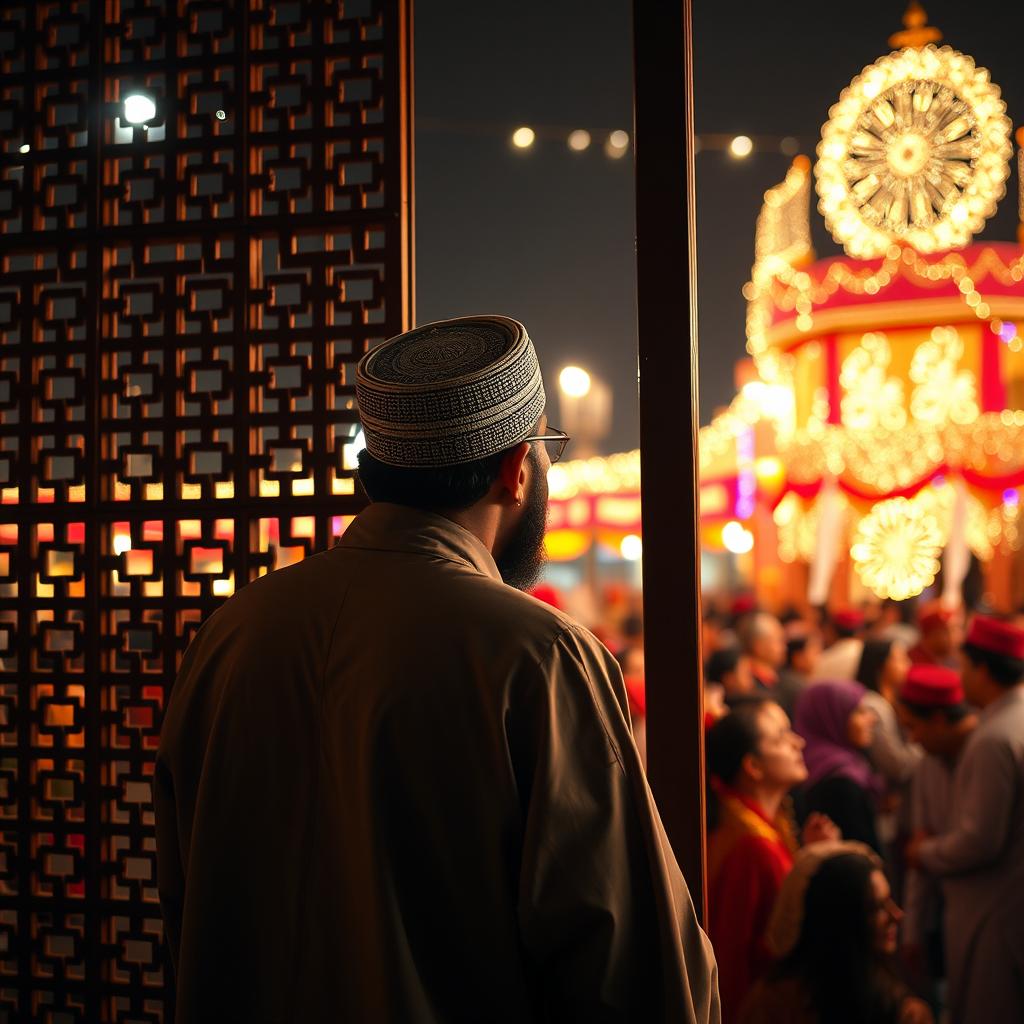 A contemplative image of Imam Al-Mahdi standing behind a traditional lattice screen (shabaj) as he gazes at a lively crowd celebrating the New Year's festivities